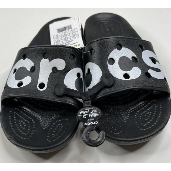 NEW Crocs Classic Logo Slide Rubber Sandals Size 6 Women's Black Roomy Fit - Picture 2 of 7